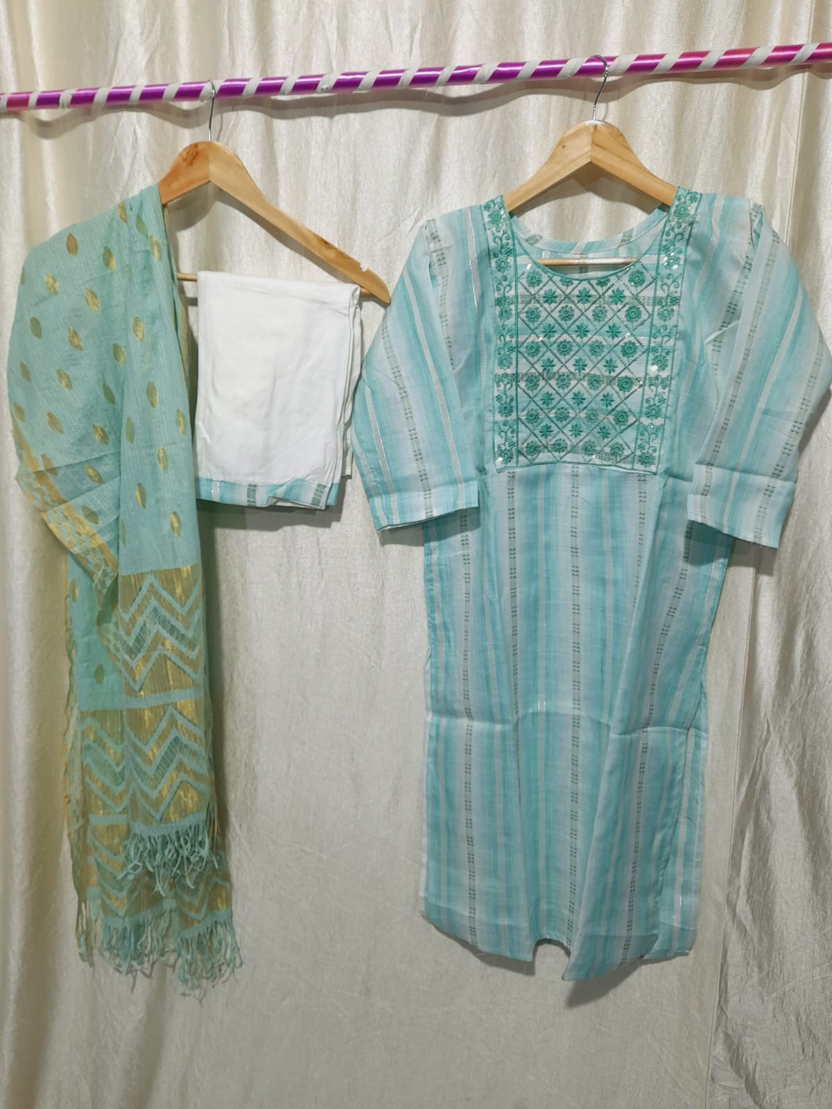 Enigma Sky Blue Cotton Embroidered Suit Set