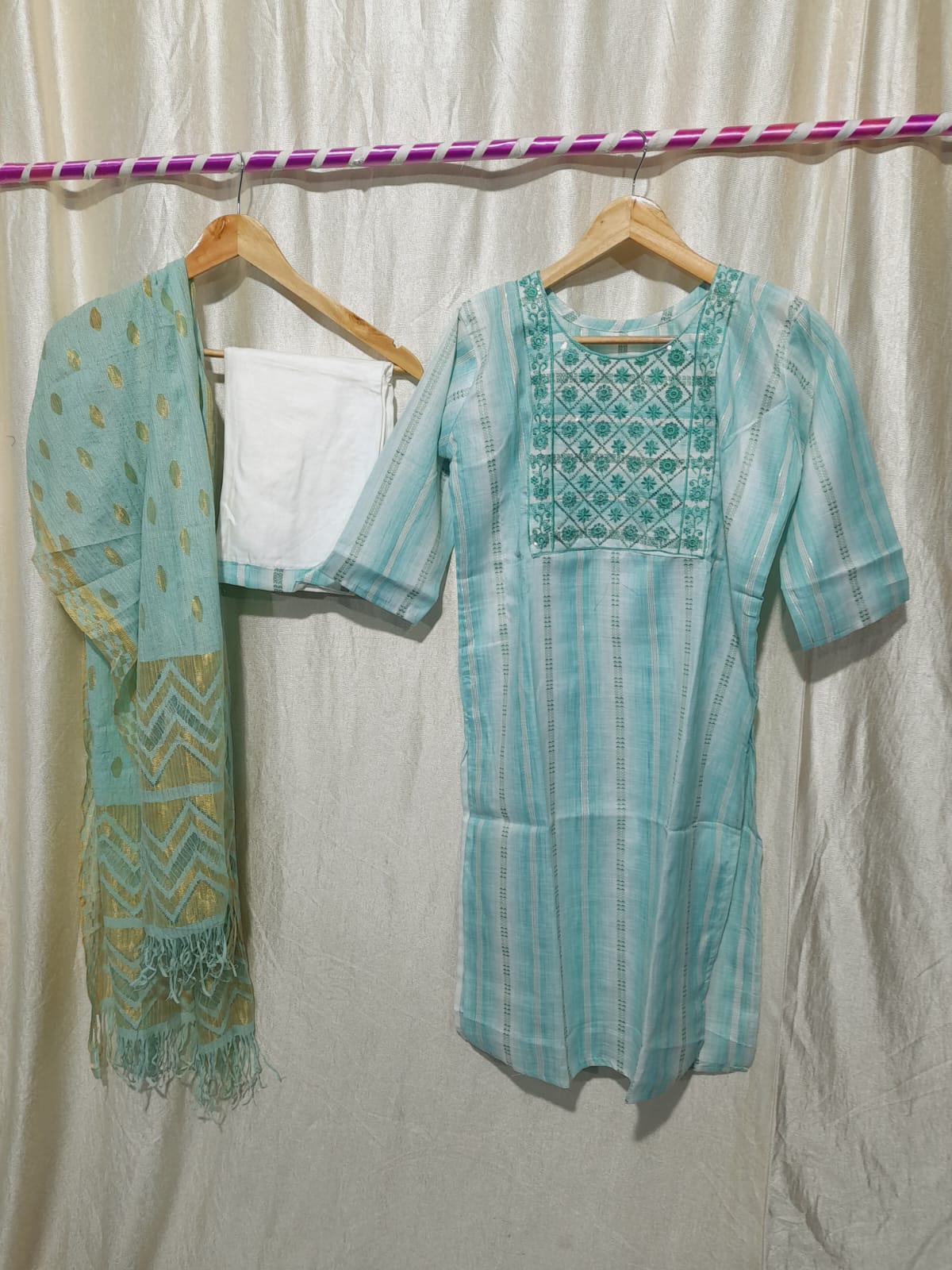 Enigma Sky Blue Cotton Embroidered Suit Set