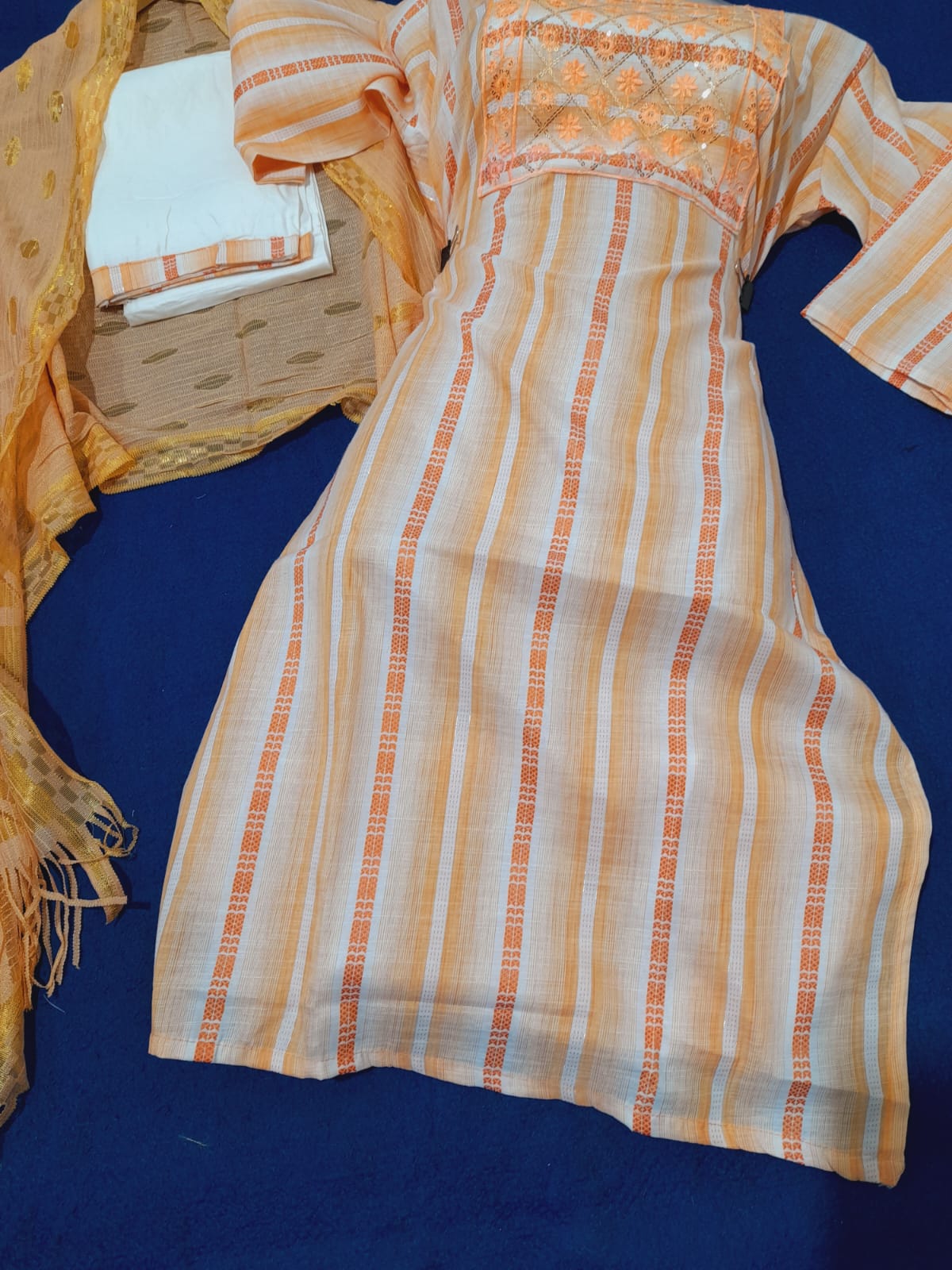 Enigma: Elegant Orange Striped Kurta with Golden Dupatta