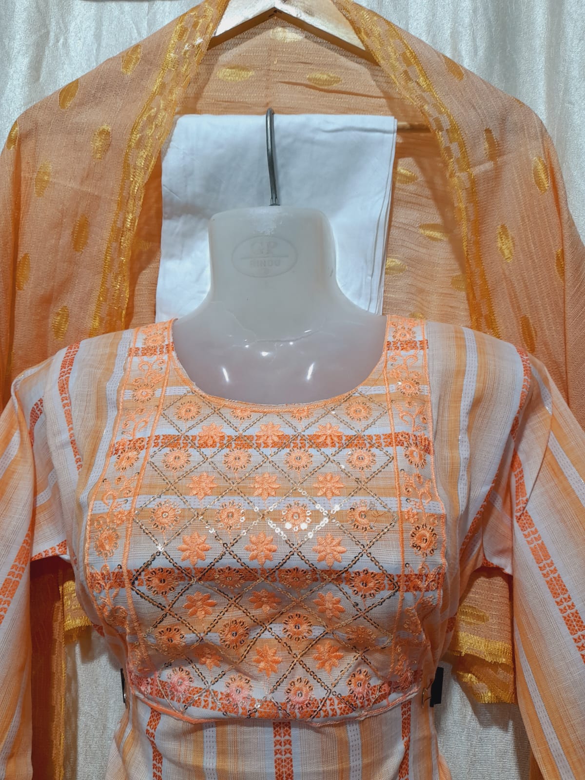 Enigma: Elegant Orange Striped Kurta with Golden Dupatta