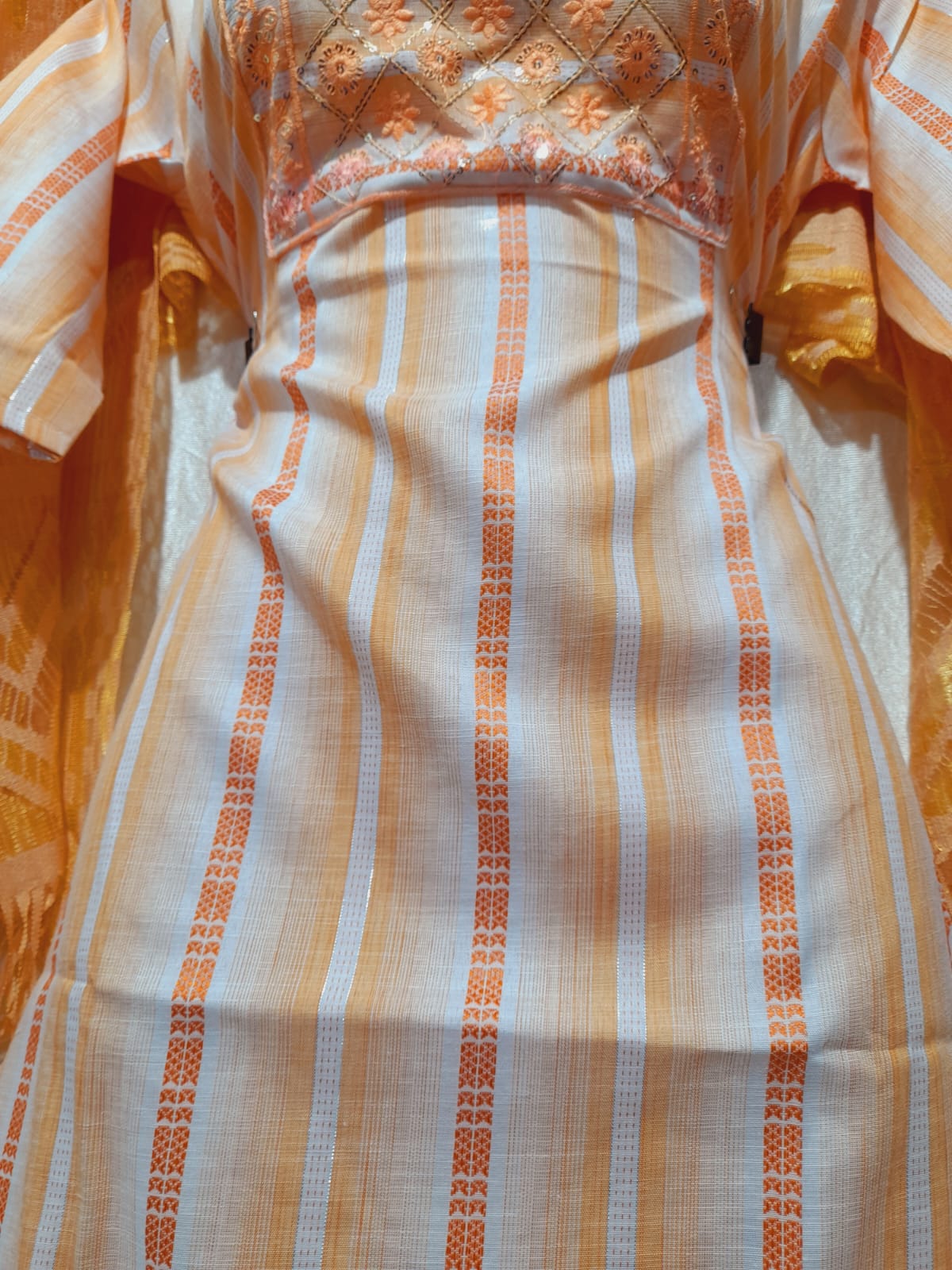 Enigma: Elegant Orange Striped Kurta with Golden Dupatta