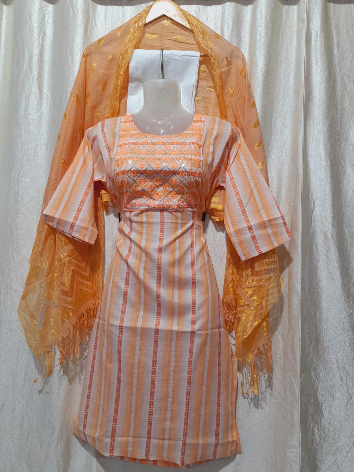 Enigma: Elegant Orange Striped Kurta with Golden Dupatta