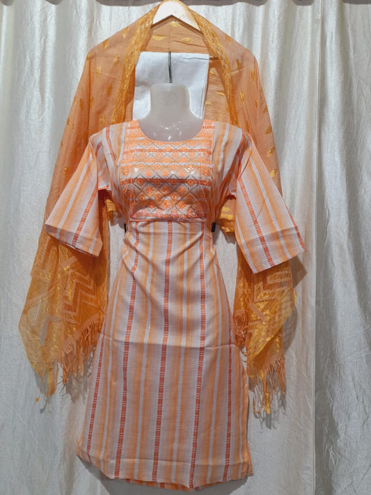 Enigma: Elegant Orange Striped Kurta with Golden Dupatta